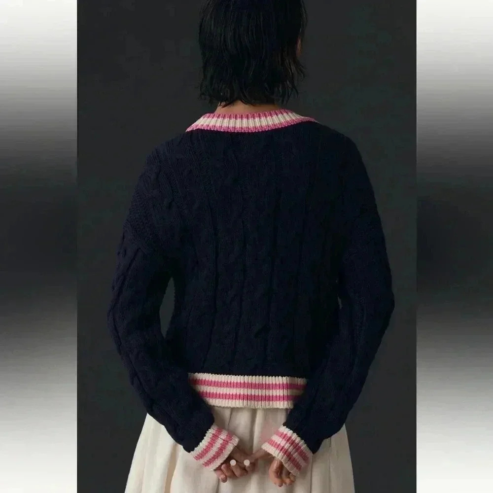 NWT • Anthropologie Maeve Varsity Cable Knit Cardigan Sweater Navy/Pink Small - Picture 5 of 9